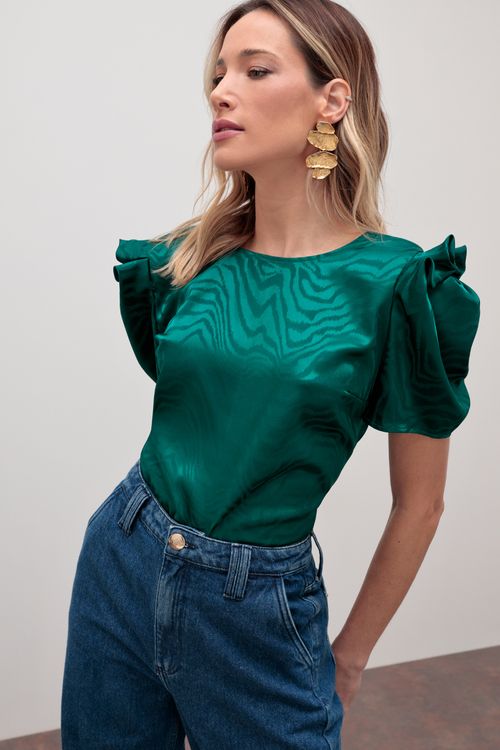Blusa Jacquard Acetinada Com Pregas Nas Mangas Cor:Verde Imperador;Tamanho:P